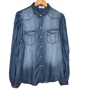 ZENANA Women's Denim Style Blouse White Marble Snaps Dark Wash Size XL